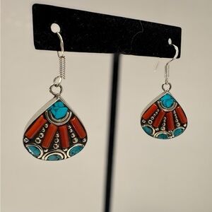 Turquoise & Coral and Silver Teardrop Dangle Earrings, 1/8" thick